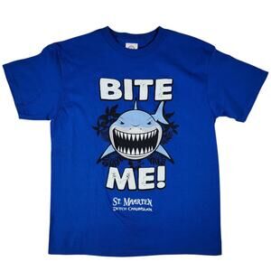 St Maarten Bite Me Shark Tee Vacation Youth M Delta Pro Weight Blue Graphic